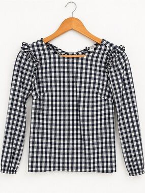 J.Crew Navy Gingham Ruffle Neck Popover Blouse Women's XS